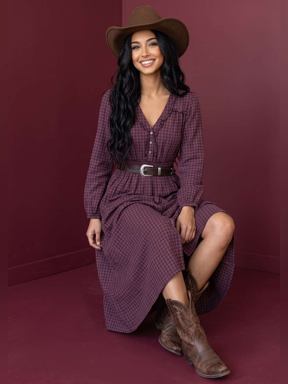 Midi Smocked-Waist Plaid Dress in Burgundy